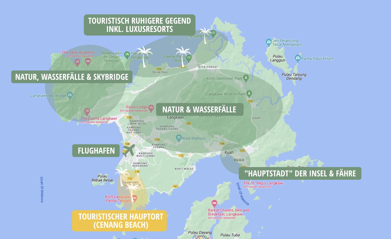 Langkawi: Übersicht der Regionen auf einer Karte